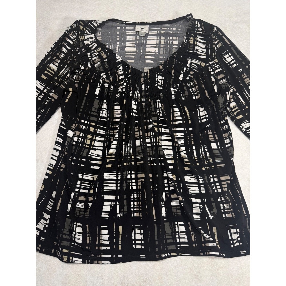 Worthington Stretch Blouse Women's Large Black White Abstract Print Long Sleeve - Picture 1 of 7